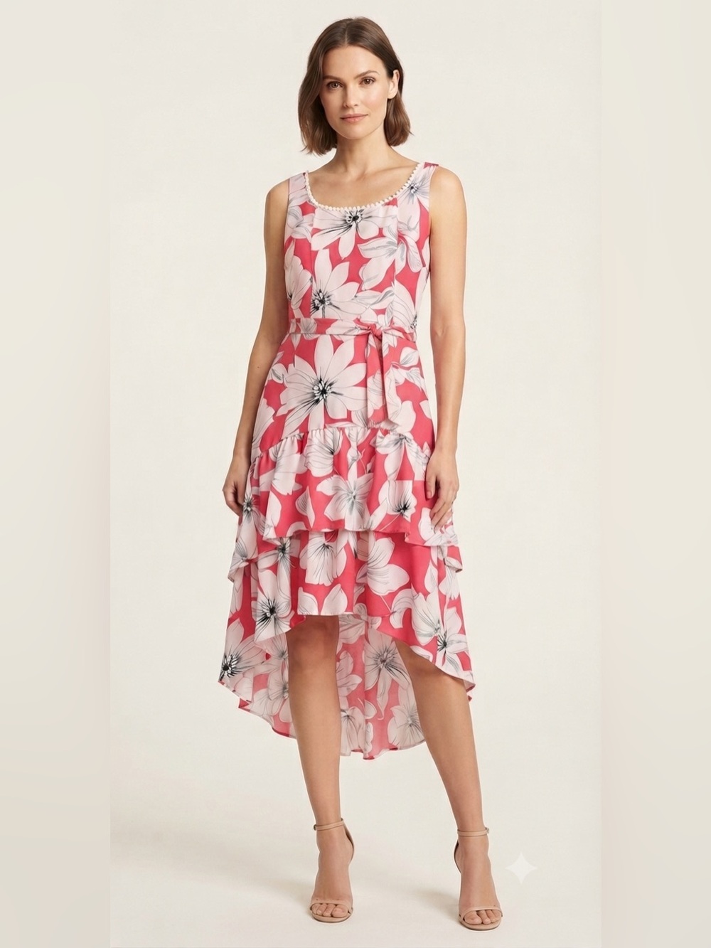 Anne Klein Floral Sleeveless Tiered High Low Midi Dress